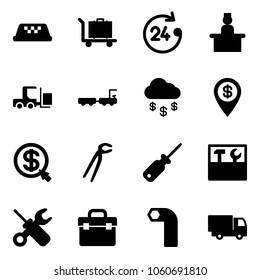 Solid vector icon set - taxi vector, baggage, 24 hours, recieptionist, fork loader, truck, money rain, dollar pin, click, plumber, screwdriver, tool box, wrench, allen key, toy