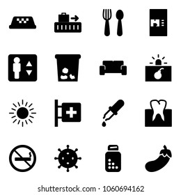 Solid Vector Icon Set - Taxi Vector, Baggage, Spoon And Fork, Coffee Machine, Elevator, Trash, Vip Waiting Area, Terrorism, Sun, First Aid Room, Pipette, Tooth, No Smoking Sign, Virus, Pills Bottle