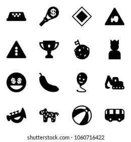 Solid vector icon set - taxi vector, money torch, main road sign, tractor way, traffic light, gold cup, moon flag, king, smile, banana, balloon, excavator toy, horn, horse, beach ball, bus