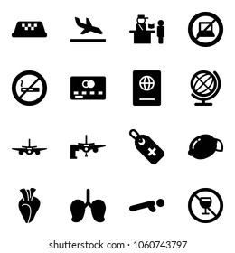 Solid vector icon set - taxi vector, arrival, passport control, no computer sign, smoking, credit card, globe, plane, boarding passengers, medical label, lemon, heart, lungs, push ups, alcohol