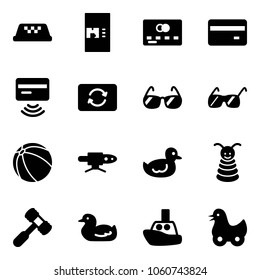Solid vector icon set - taxi vector, coffee machine, credit card, tap pay, exchange, sunglasses, ball, pipe welding, duck toy, pyramid, hammer, boat
