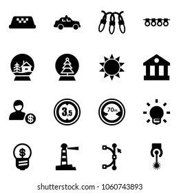 Solid vector icon set - taxi vector, safety car, garland, snowball house, tree, sun, bank, account, limited height road sign, distance, bulb, business idea, lighthouse, bezier, laser