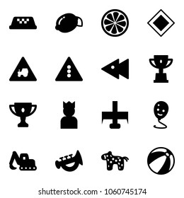Solid vector icon set - taxi vector, lemon, slice, main road sign, tractor way, traffic light, fast backward, win cup, gold, king, milling cutter, balloon smile, excavator toy, horn, horse