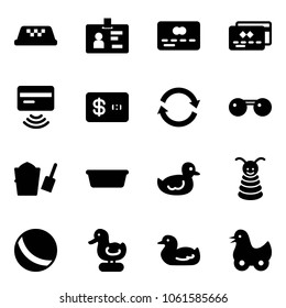 Solid vector icon set - taxi vector, identity, credit card, tap pay, refresh, sunglasses, bucket scoop, basin, duck toy, pyramid, ball
