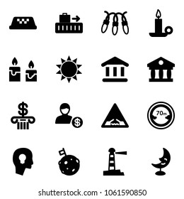 Solid vector icon set - taxi vector, baggage, garland, candle, sun, bank, account, drawbridge road sign, limited distance, head bulb, moon flag, lighthouse, lamp