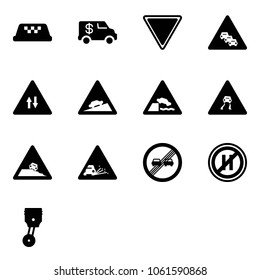 Solid vector icon set - taxi vector, encashment car, giving way road sign, multi lane traffic, oncoming, climb, embankment, slippery, steep roadside, gravel, end overtake limit, no parking even