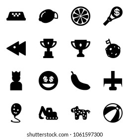 Solid vector icon set - taxi vector, lemon, slice, money torch, fast backward, win cup, gold, moon flag, king, smile, banana, milling cutter, balloon, excavator toy, horse, beach ball