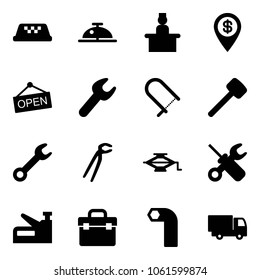 Solid vector icon set - taxi vector, client bell, recieptionist, dollar pin, open, wrench, fretsaw, rubber hammer, plumber, jack, screwdriver, stapler, tool box, allen key, truck toy