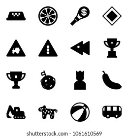 Solid vector icon set - taxi vector, lemon slice, money torch, main road sign, tractor way, traffic light, fast backward, win cup, gold, moon flag, king, banana, excavator toy, horse, beach ball