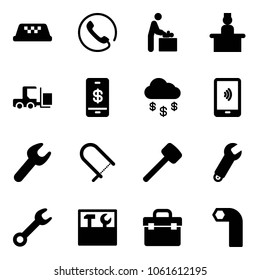 Solid vector icon set - taxi vector, phone, baby room, recieptionist, fork loader, mobile payment, money rain, wrench, fretsaw, rubber hammer, tool box, allen key