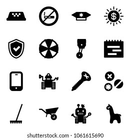 Solid vector icon set - taxi vector, no smoking sign, candy, dollar sun, shield check, parasol, piston, terms plan, mobile phone, robot, screw, rivet, rake, wheelbarrow, toy giraffe
