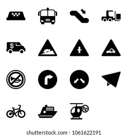 Solid vector icon set - taxi vector, airport bus, escalator down, fork loader, encashment car, climb road sign, intersection, crash, no horn, only right, detour, paper fly, bike, cruiser