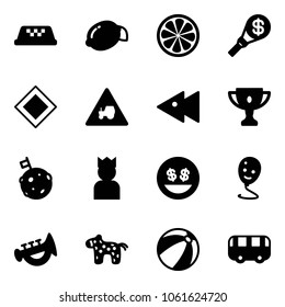 Solid vector icon set - taxi vector, lemon, slice, money torch, main road sign, tractor way, fast backward, gold cup, moon flag, king, smile, balloon, horn toy, horse, beach ball, bus