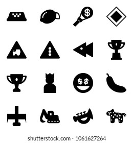 Solid vector icon set - taxi vector, lemon, money torch, main road sign, tractor way, traffic light, fast backward, win cup, gold, king, smile, banana, milling cutter, excavator toy, horn, horse