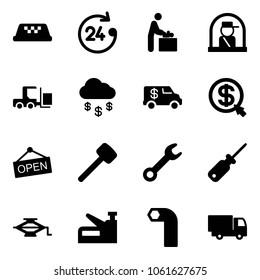 Solid vector icon set - taxi vector, 24 hours, baby room, officer window, fork loader, money rain, encashment car, click, open, rubber hammer, wrench, screwdriver, jack, stapler, allen key