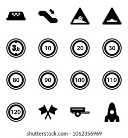 Solid vector icon set - taxi vector, escalator down, steep roadside road sign, artificial unevenness, limited height, speed limit 10, 20, 30, 80, 90, 100, 110, 120, flags cross, trailer, rocket