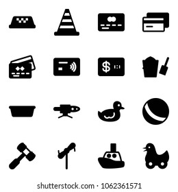 Solid vector icon set - taxi vector, road cone, credit card, tap pay, bucket scoop, basin, pipe welding, duck toy, ball, hammer, windmill, boat