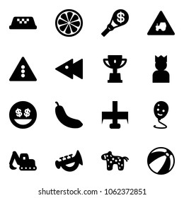 Solid vector icon set - taxi vector, lemon slice, money torch, tractor way road sign, traffic light, fast backward, win cup, king, smile, banana, milling cutter, balloon, excavator toy, horn, horse