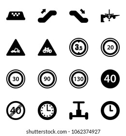 Solid vector icon set - taxi vector, escalator up, down, boarding passengers, car crash road sign, for moto, limited height, speed limit 20, 30, 90, 130, minimal, end, time, gyroscope, clock