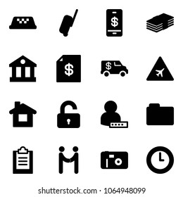 Solid vector icon set - taxi vector, suitcase, mobile payment, dollar, bank, account statement, encashment car, airport road sign, home, unlocked, user password, folder, clipboard, agreement, photo