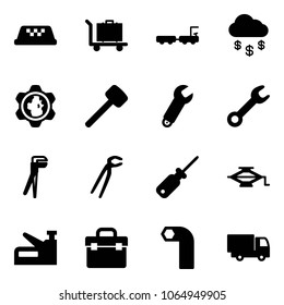 Solid vector icon set - taxi vector, baggage, truck, money rain, gear globe, rubber hammer, wrench, plumber, screwdriver, jack, stapler, tool box, allen key, toy