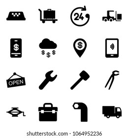 Solid vector icon set - taxi vector, baggage, 24 hours, fork loader, mobile payment, money rain, dollar pin, open, wrench, rubber hammer, plumber, jack, tool box, allen key, truck toy