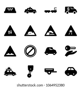 Solid vector icon set - taxi vector, safety car, baggage truck, encashment, oncoming traffic road sign, climb, embankment, slippery, rough, no parking, key hand, piston, trailer