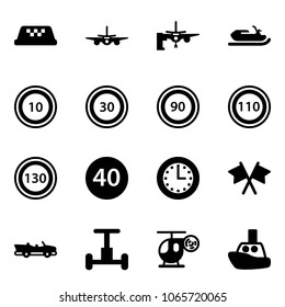 Solid vector icon set - taxi vector, plane, boarding passengers, snowmobile, speed limit 10 road sign, 30, 90, 110, 130, minimal, time, flags cross, cabrio, gyroscope, helicopter toy, boat