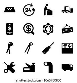 Solid vector icon set - taxi vector, 24 hours, baby room, fork loader, mobile payment, money click, gear globe, open, plumber, screwdriver, tool box, wrench, stapler, allen key, truck toy