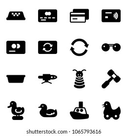 Solid vector icon set - taxi vector, credit card, tap pay, exchange, refresh, sunglasses, basin, pipe welding, pyramid toy, hammer, duck, boat