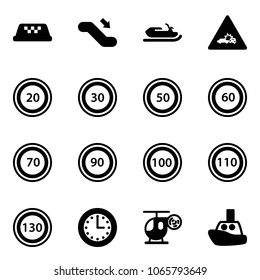 Solid vector icon set - taxi vector, escalator down, snowmobile, car crash road sign, speed limit 20, 30, 50, 60, 70, 90, 100, 110, 130, time, helicopter toy, boat