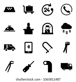 Solid vector icon set - taxi vector, baggage, 24 hours, phone, client bell, recieptionist, officer window, money rain, encashment car, mobile payment, fretsaw, plumber, screwdriver, allen key