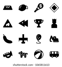 Solid vector icon set - taxi vector, lemon, money torch, main road sign, tractor way, fast backward, gold cup, king, banana, milling cutter, balloon smile, excavator toy, horn, horse, beach ball