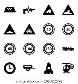 Solid vector icon set - taxi vector, boarding passengers, tractor way road sign, steep roadside, artificial unevenness, for moto, speed limit 10, 20, 60, 100, 130, cabrio, clock, trailer, rocket