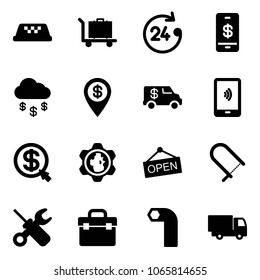 Solid vector icon set - taxi vector, baggage, 24 hours, mobile payment, money rain, dollar pin, encashment car, click, gear globe, open, fretsaw, wrench screwdriver, tool box, allen key, truck toy