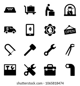 Solid vector icon set - taxi vector, baggage, baby room, officer window, encashment car, mobile payment, gear globe, open, fretsaw, rubber hammer, wrench, plumber, tool box, screwdriver, allen key