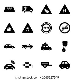 Solid vector icon set - taxi vector, encashment car, multi lane traffic road sign, oncoming, tunnel, slippery, no overtake, end limit, limousine, cabrio, baggage, piston, wireless, jack, trailer