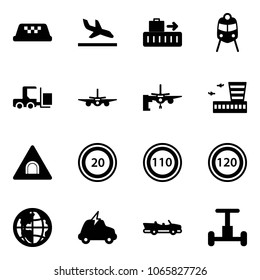 Solid vector icon set - taxi vector, arrival, baggage, train, fork loader, plane, boarding passengers, airport building, tunnel road sign, speed limit 20, 110, 120, globe, electric car, cabrio