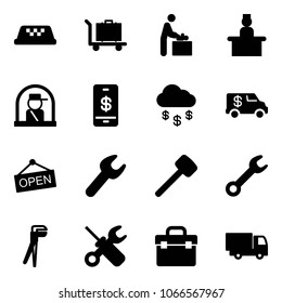 Solid vector icon set - taxi vector, baggage, baby room, recieptionist, officer window, mobile payment, money rain, encashment car, open, wrench, rubber hammer, plumber, screwdriver, tool box