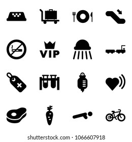 Solid vector icon set - taxi vector, baggage, plate spoon fork, escalator down, no smoking sign, vip, shower, truck, medical label, vial, drop counter, heart beat, meat, carrot, push ups, bike