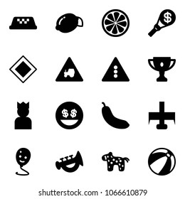 Solid vector icon set - taxi vector, lemon, slice, money torch, main road sign, tractor way, traffic light, gold cup, king, smile, banana, milling cutter, balloon, horn toy, horse, beach ball