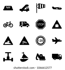 Solid Vector Icon Set - Taxi Vector, Trap Truck, Side Wind, Small Plane, Bike, Encashment Car, Stop Road Sign, Tunnel, Steep Roadside, Speed Limit 120, Gyroscope, Sailboat Toy, Excavator