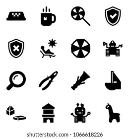 Solid vector icon set - taxi vector, tea, lollipop, shield check, cross, beach, parasol, robot, magnifier, pliers, dowel, sailboat toy, constructor blocks, block house, giraffe