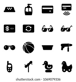 Solid vector icon set - taxi vector, liquid soap, credit card, tap pay, exchange, sunglasses, ball, basin, drill machine, phone toy, windmill, duck