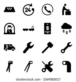 Solid vector icon set - taxi vector, 24 hours, phone, baby room, officer window, baggage truck, mobile payment, money rain, encashment car, wrench, rubber hammer, plumber, screwdriver, allen key