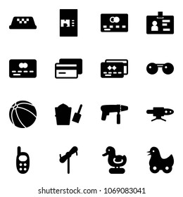 Solid vector icon set - taxi vector, coffee machine, credit card, identity, sunglasses, ball, bucket scoop, drill, pipe welding, phone toy, windmill, duck