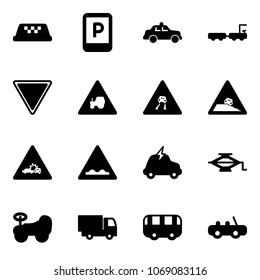Solid vector icon set - taxi vector, parking sign, safety car, baggage truck, giving way road, tractor, slippery, steep roadside, crash, rough, electric, jack, baby, toy, bus