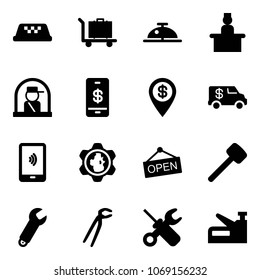 Solid vector icon set - taxi vector, baggage, client bell, recieptionist, officer window, mobile payment, dollar pin, encashment car, gear globe, open, rubber hammer, wrench, plumber, screwdriver