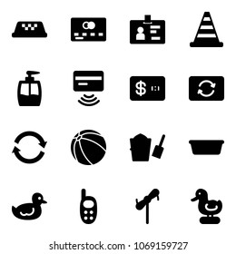 Solid vector icon set - taxi vector, credit card, identity, road cone, liquid soap, tap pay, exchange, refresh, ball, bucket scoop, basin, duck toy, phone, windmill