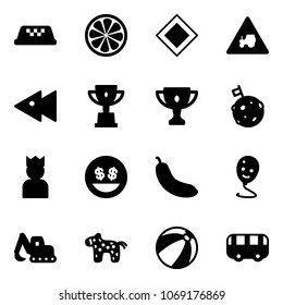 Solid vector icon set - taxi vector, lemon slice, main road sign, tractor way, fast backward, win cup, gold, moon flag, king, money smile, banana, balloon, excavator toy, horse, beach ball, bus